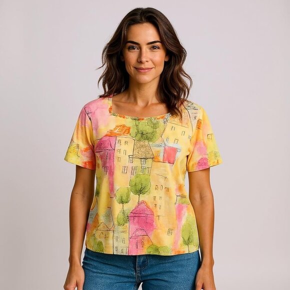 Alfred Dunner Square Neck Short Sleeve Top, Size Large, Yellow Pink Green - Picture 1 of 11